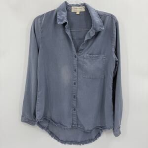 CLOTH & STONE Women Chambray Button Down Size S Long Sleeve Fringe Shirttail Hem